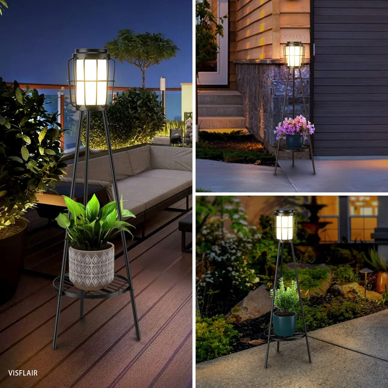 Basowin Solar Lights With Plant Stand Solar Floor Lamps Waterproof Solar Powered Outdoor Lights Flower Shelf For Patio Porch Deck Yard Garden Decor Wayfair